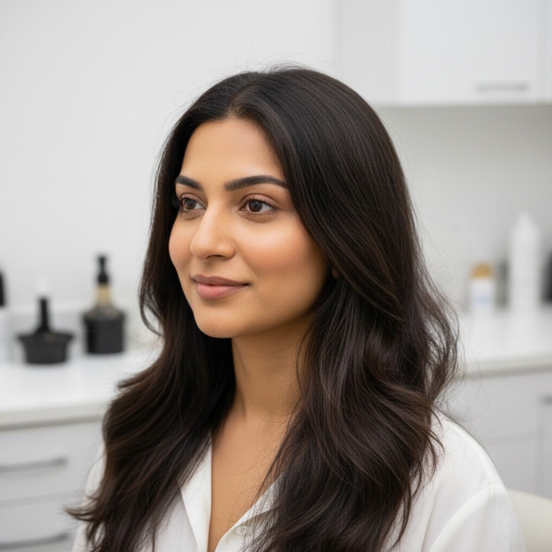 Close-up of eyebrow microblading on Indian skin